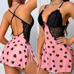 Romantic Pink and Black Heart Lingerie Sexy Women Lace Heart Nightgown Lingerie